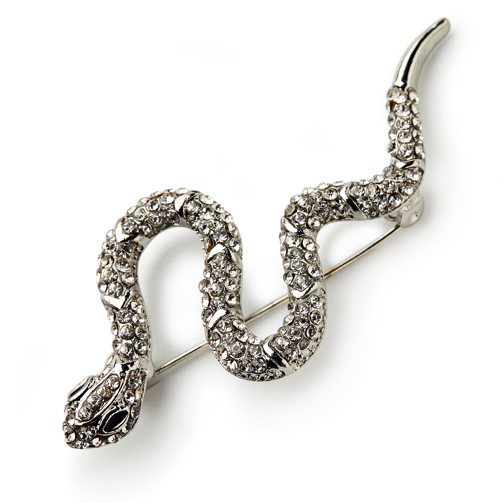 The Silver Crystal Snake Brooch features silver plating, sparkling rhinestones in pave detailing along its coiled body, and intricately crafted head and tail.