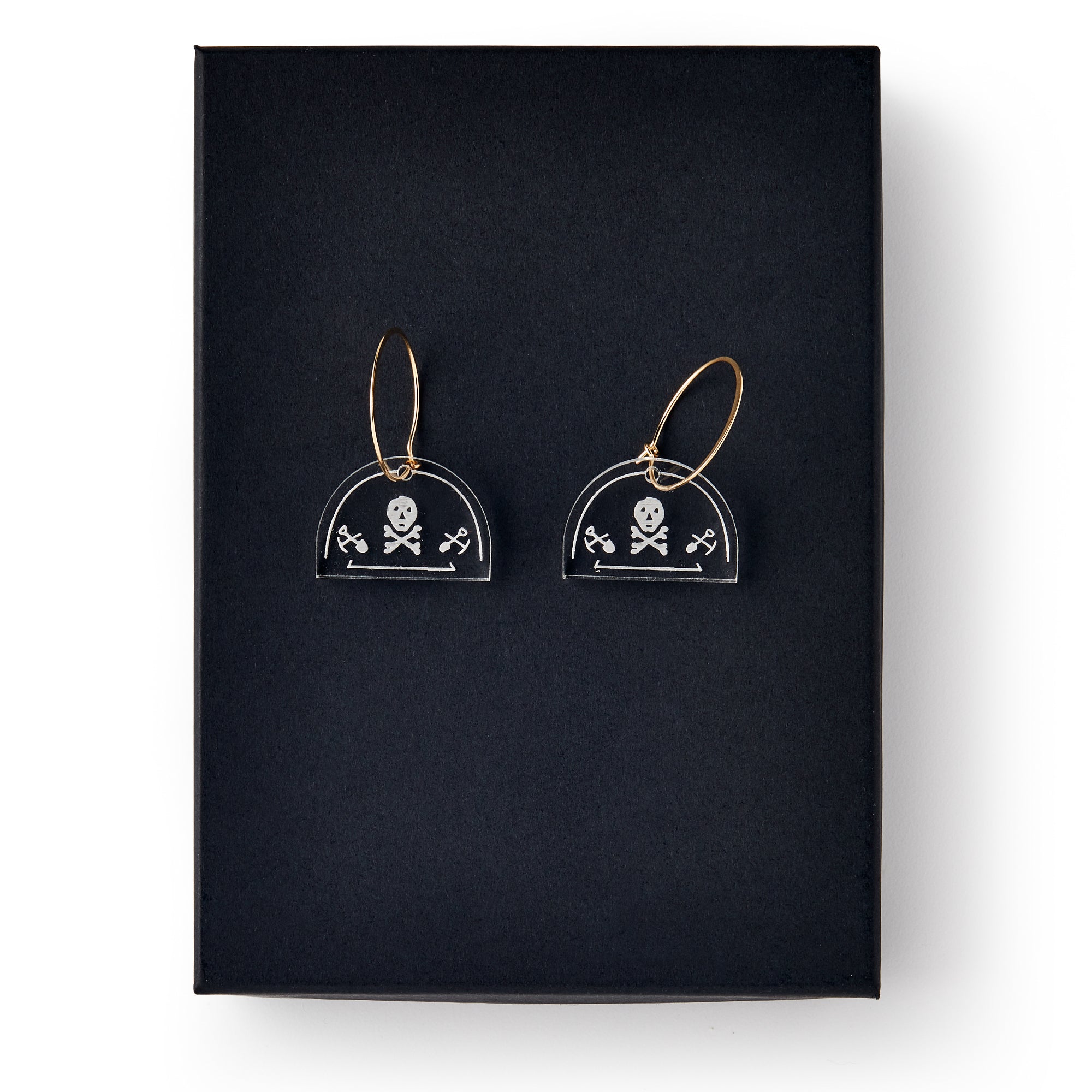 The Skull & Crossbones Earrings, Silver Wire feature clear half-circle pendants etched in white and are displayed on a black box, making them an eye-catching piece of jewelry and a unique historical gift.