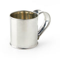 The Soldier's Camp Cup is a plain, silver-colored, handcrafted camp cup with a large curved handle and a simple cylindrical design. Shown on a white background with a slightly reflective surface.