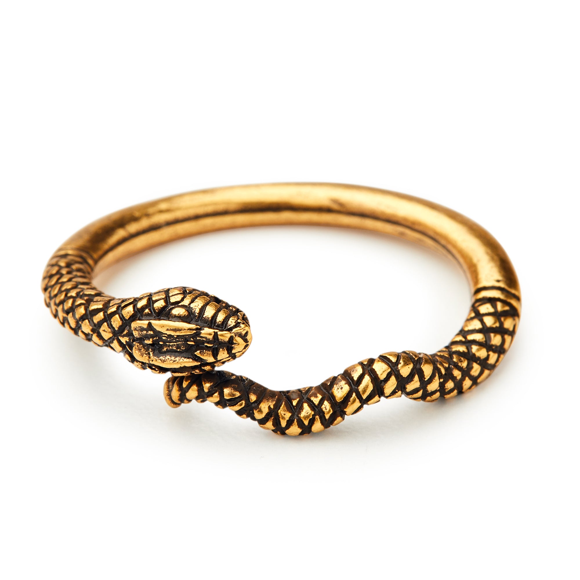 The Snake Ring, crafted from gold, features detailed scales and a textured head. Its coiled design wraps gracefully with the head elegantly resting atop the band.
