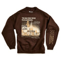 The Thomas Jefferson Sweatshirt in brown features Independence Hall, a 10¢ stamp, his iconic quote, and the Museum of the American Revolution logo on the sleeve—a stylish tribute to the Founding Fathers.
