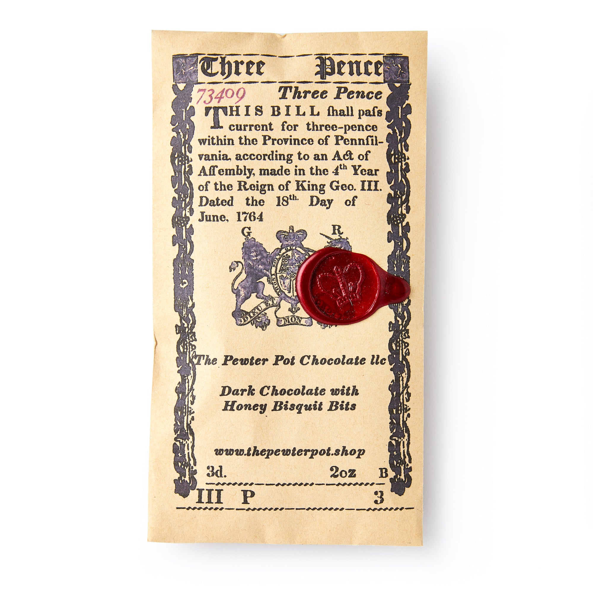 Chocolate packaging with vintage design and red wax seal on a white background