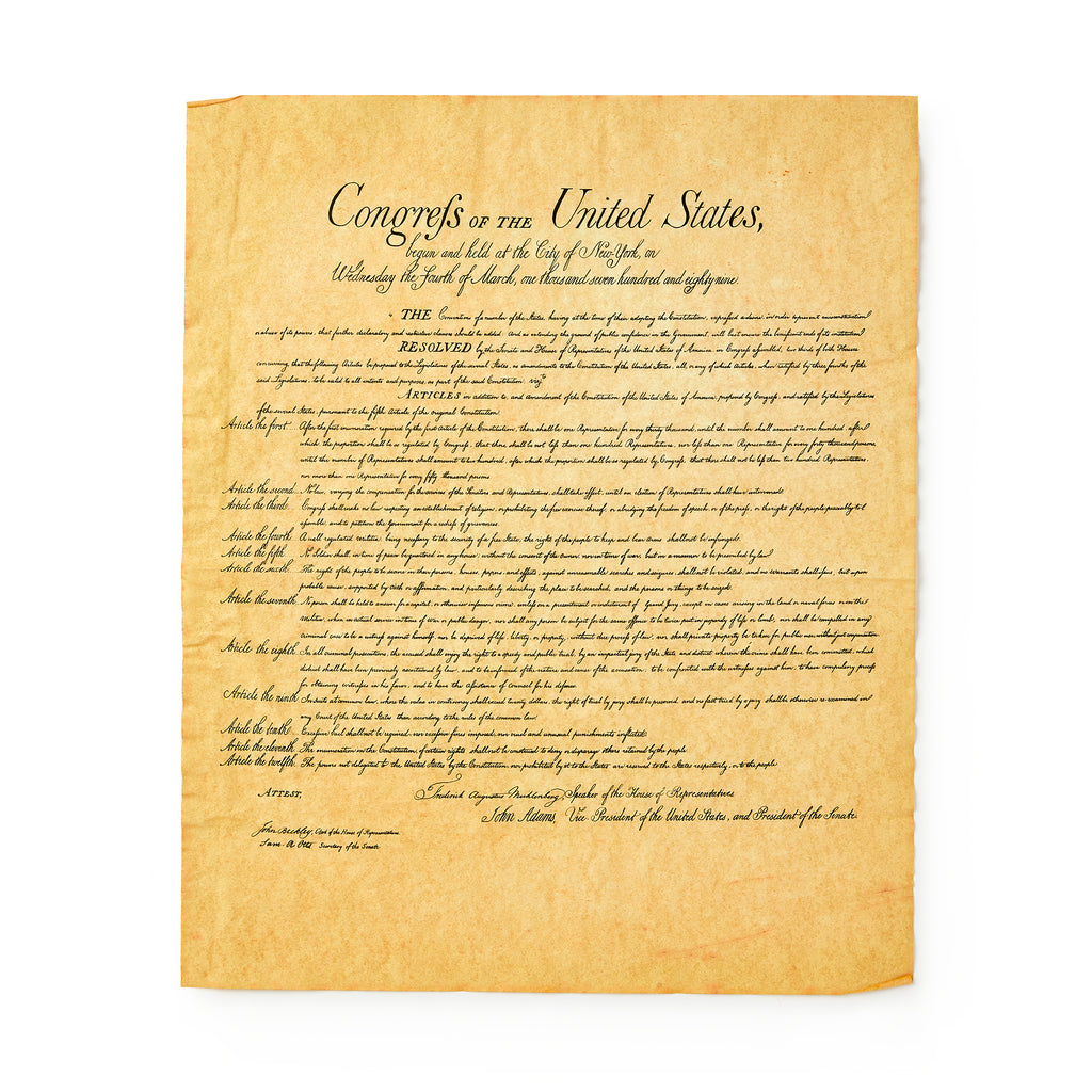 The Documents of Freedom Set includes a parchment copy of the United States Bill of Rights, featuring handwritten black text titled "Congress of the United States" at the top, displayed on a plain white background.