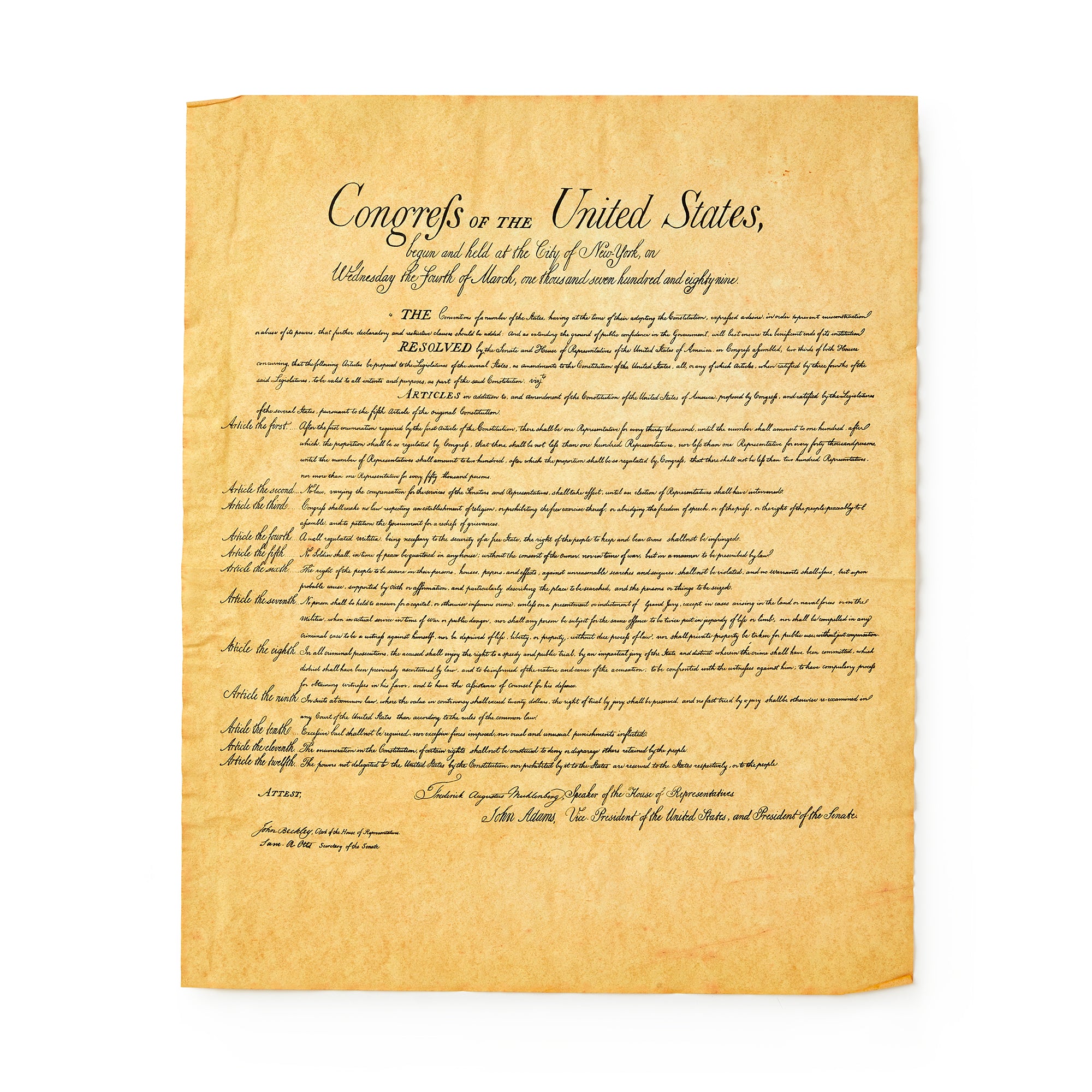 The Documents of Freedom Set includes a parchment copy of the United States Bill of Rights, featuring handwritten black text titled "Congress of the United States" at the top, displayed on a plain white background.
