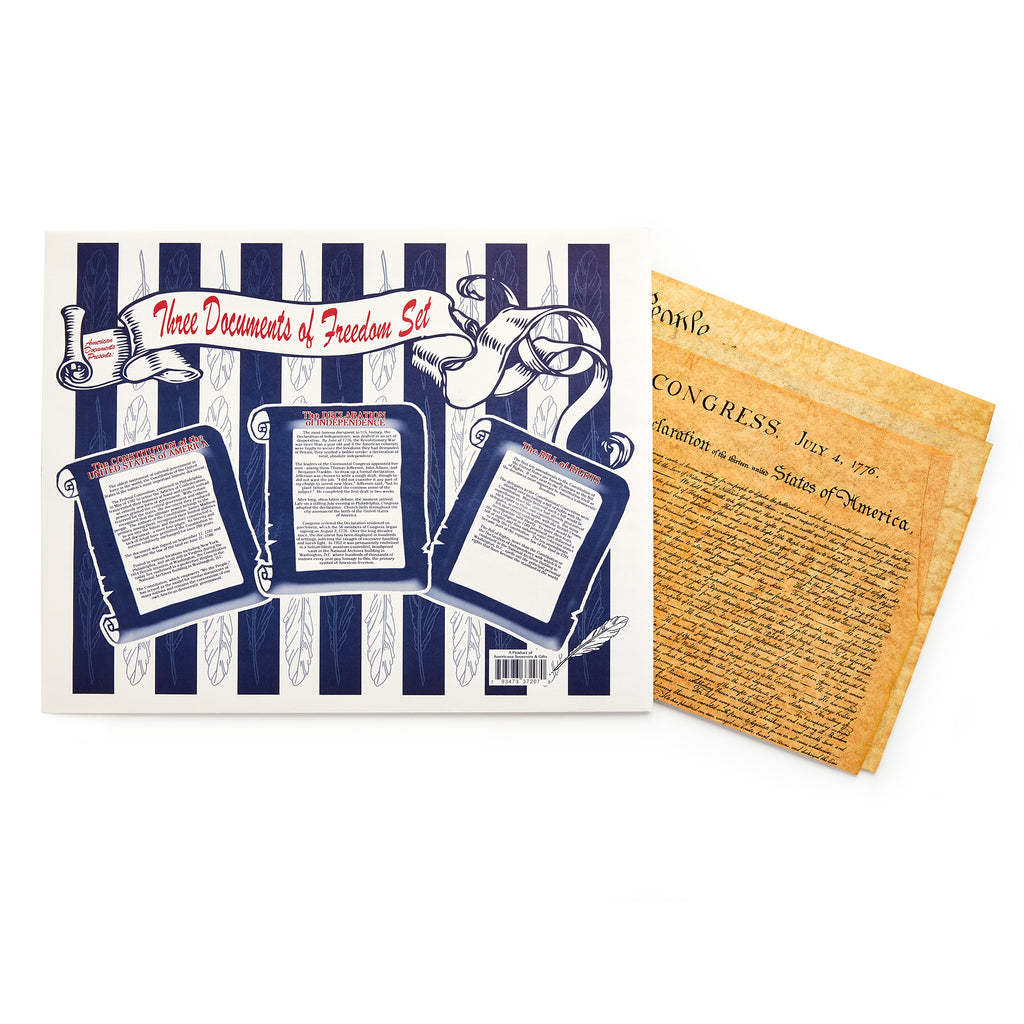 The Documents of Freedom Set features illustrated covers and replicas of historic U.S. documents—Declaration of Independence, Constitution, and Bill of Rights—printed on aged-looking paper.