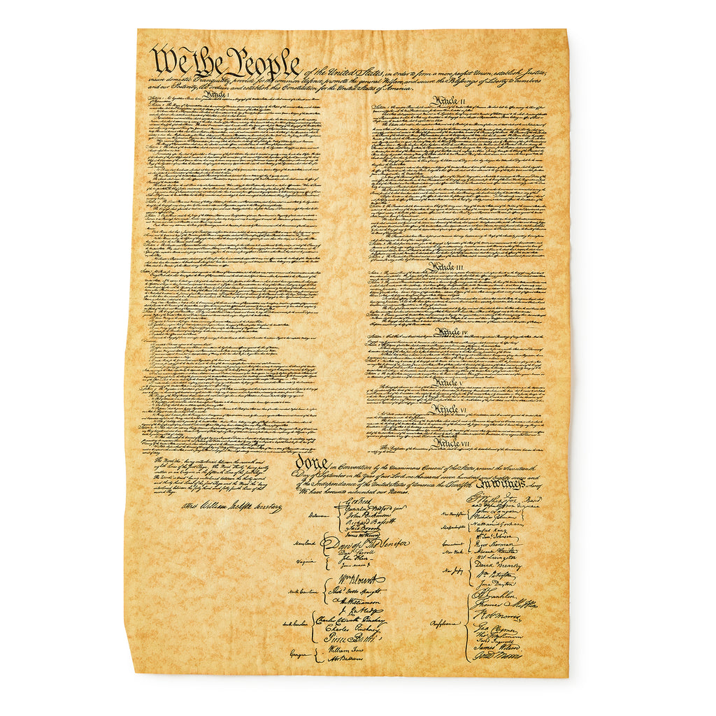 The Documents of Freedom Set features a parchment-style United States Constitution replica, titled "We the People," with handwritten columns of text and historic signatures, evoking the era of the Bill of Rights.