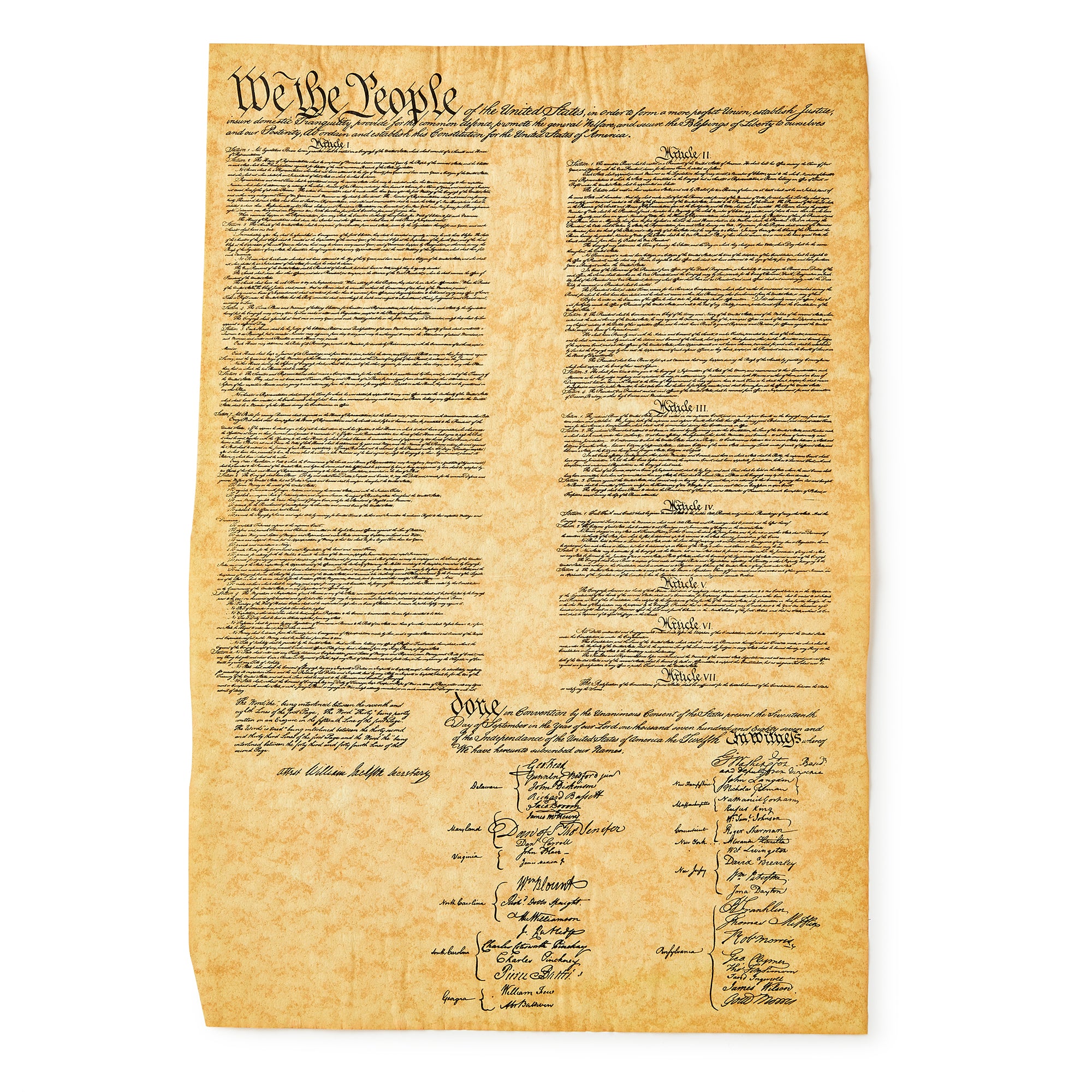 The Documents of Freedom Set features a parchment-style United States Constitution replica, titled "We the People," with handwritten columns of text and historic signatures, evoking the era of the Bill of Rights.