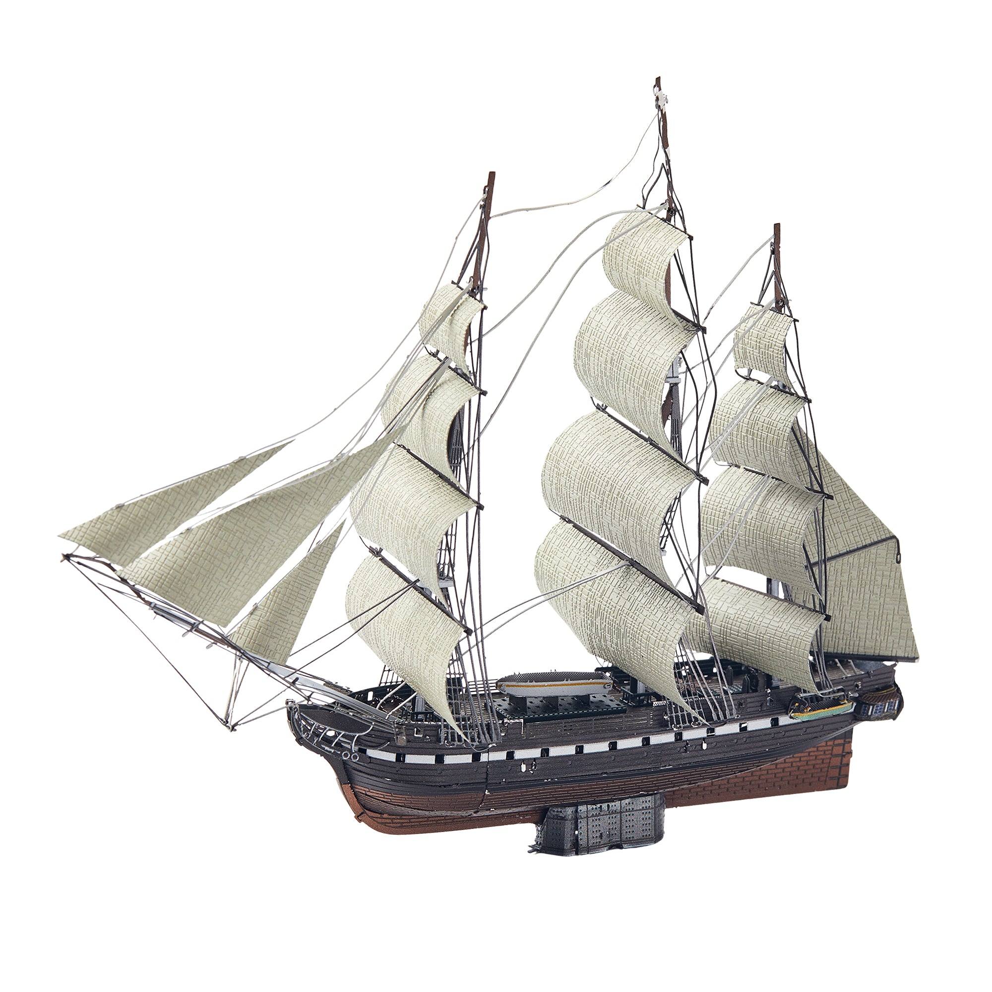 Model of a three-masted sailing ship with white sails on a white background