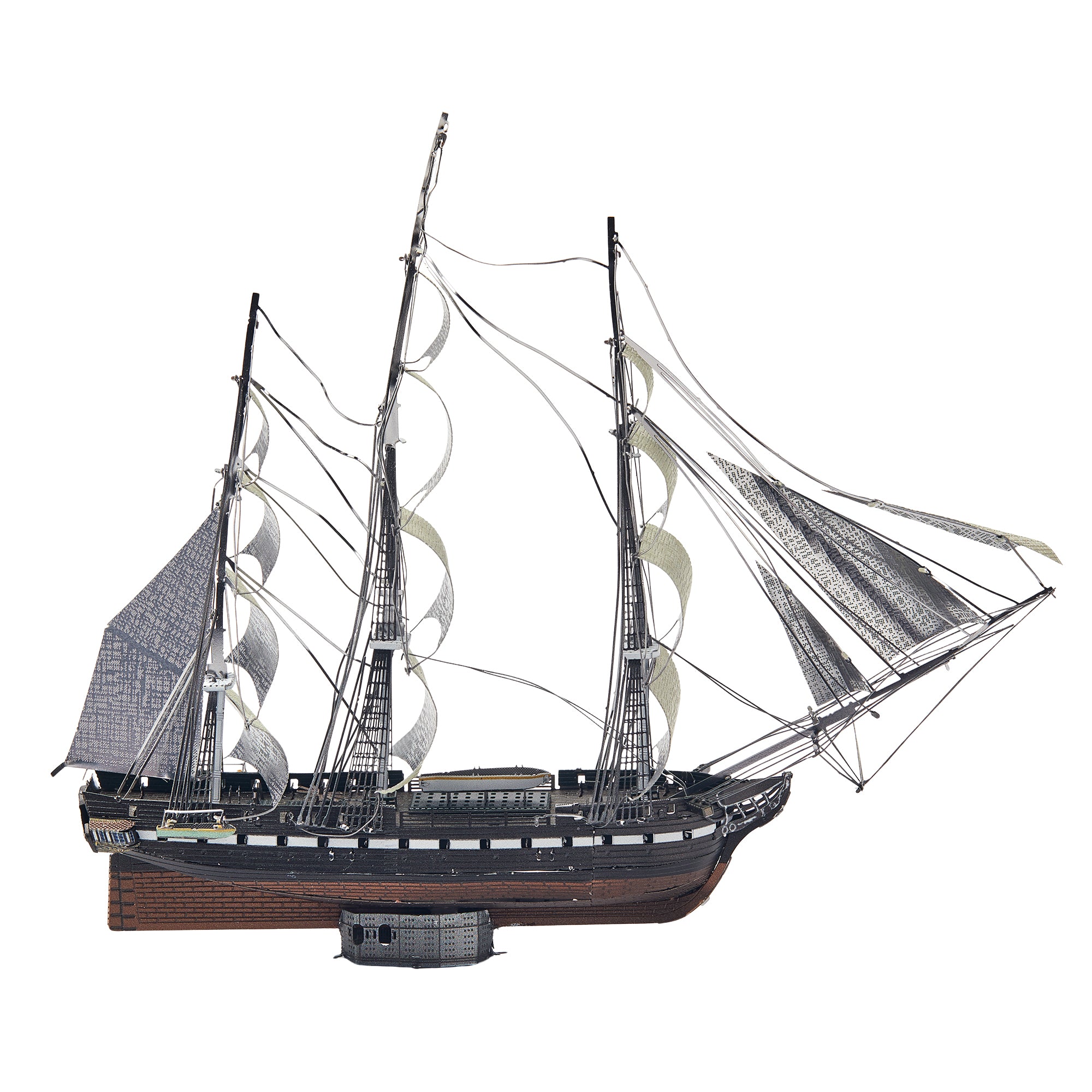 Model of a three-masted sailing ship on a white background