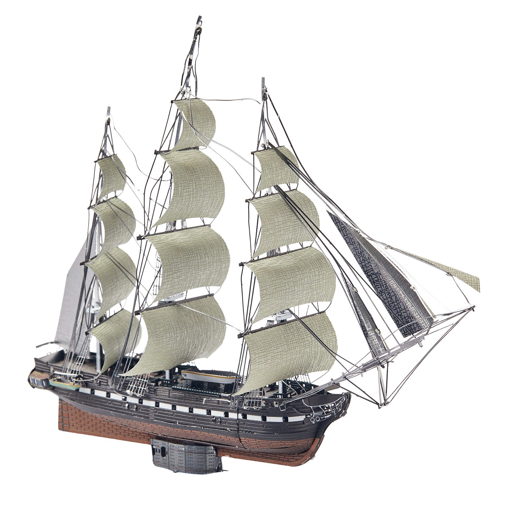 Model of a three-masted sailing ship with white sails on a white background