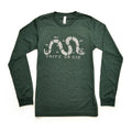 The Unite or Die Long Sleeve T-Shirt is dark green with a white graphic inspired by Benjamin Franklin—a segmented snake labeled with state abbreviations and the phrase "UNITE OR DIE.