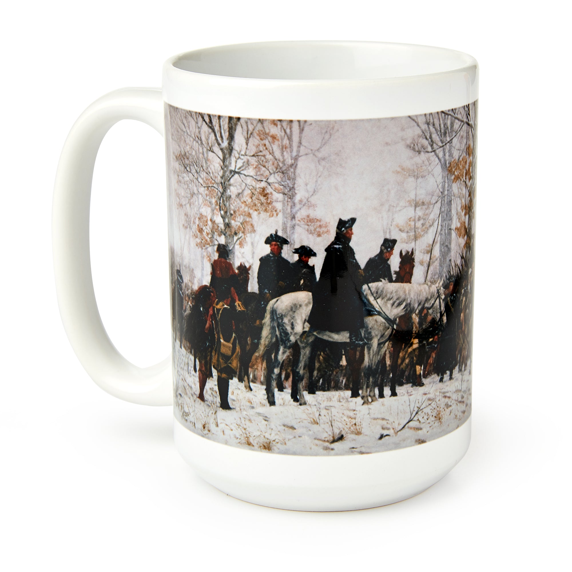 The Valley Forge Mug is a white ceramic museum mug featuring William B. T. Trego’s “March to Valley Forge,” depicting soldiers on horseback in winter among bare trees and snow-covered ground.