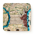 Varle Philadelphia Map Coaster, a square coaster featuring a historic Philadelphia map with a city grid, rivers, and several sailing ships, serving as a Revolutionary era keepsake.