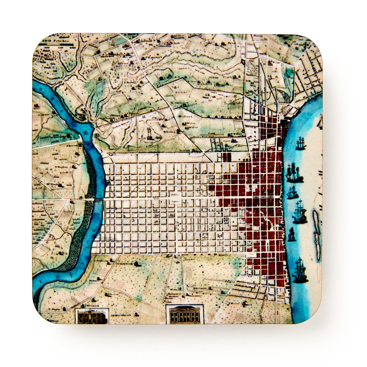 Varle Philadelphia Map Coaster, a square coaster featuring a historic Philadelphia map with a city grid, rivers, and several sailing ships, serving as a Revolutionary era keepsake.