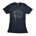 Dark heathered George Washington Standard Flag T-Shirt featuring a white line-art graphic of a flag with stars surrounded by radiating sunburst lines.