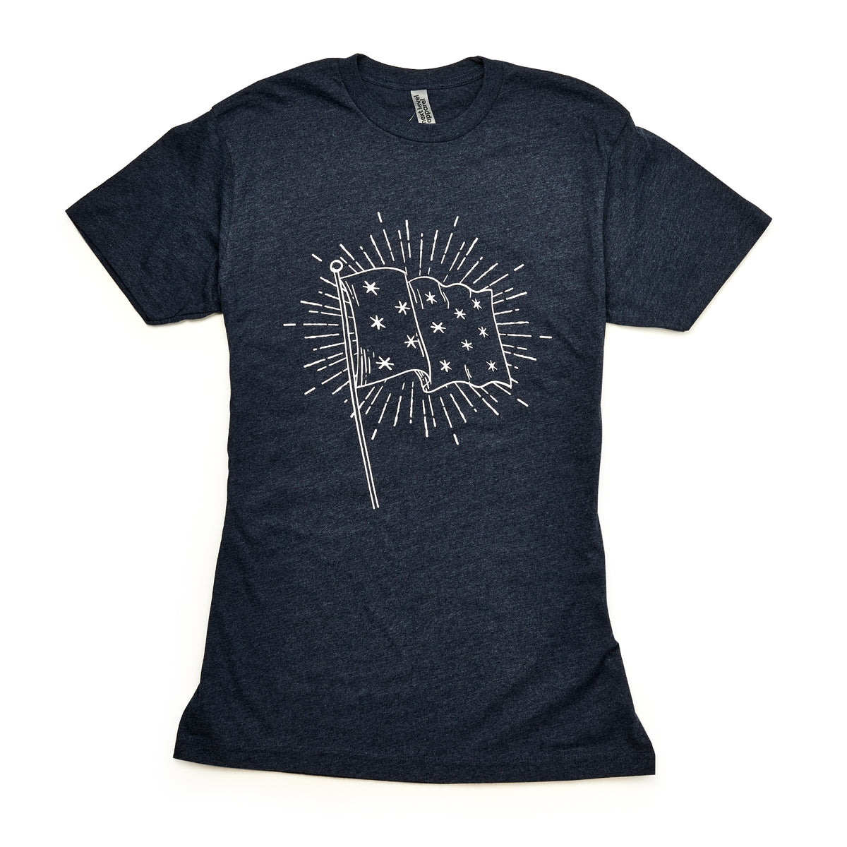 Dark heathered George Washington Standard Flag T-Shirt featuring a white line-art graphic of a flag with stars surrounded by radiating sunburst lines.