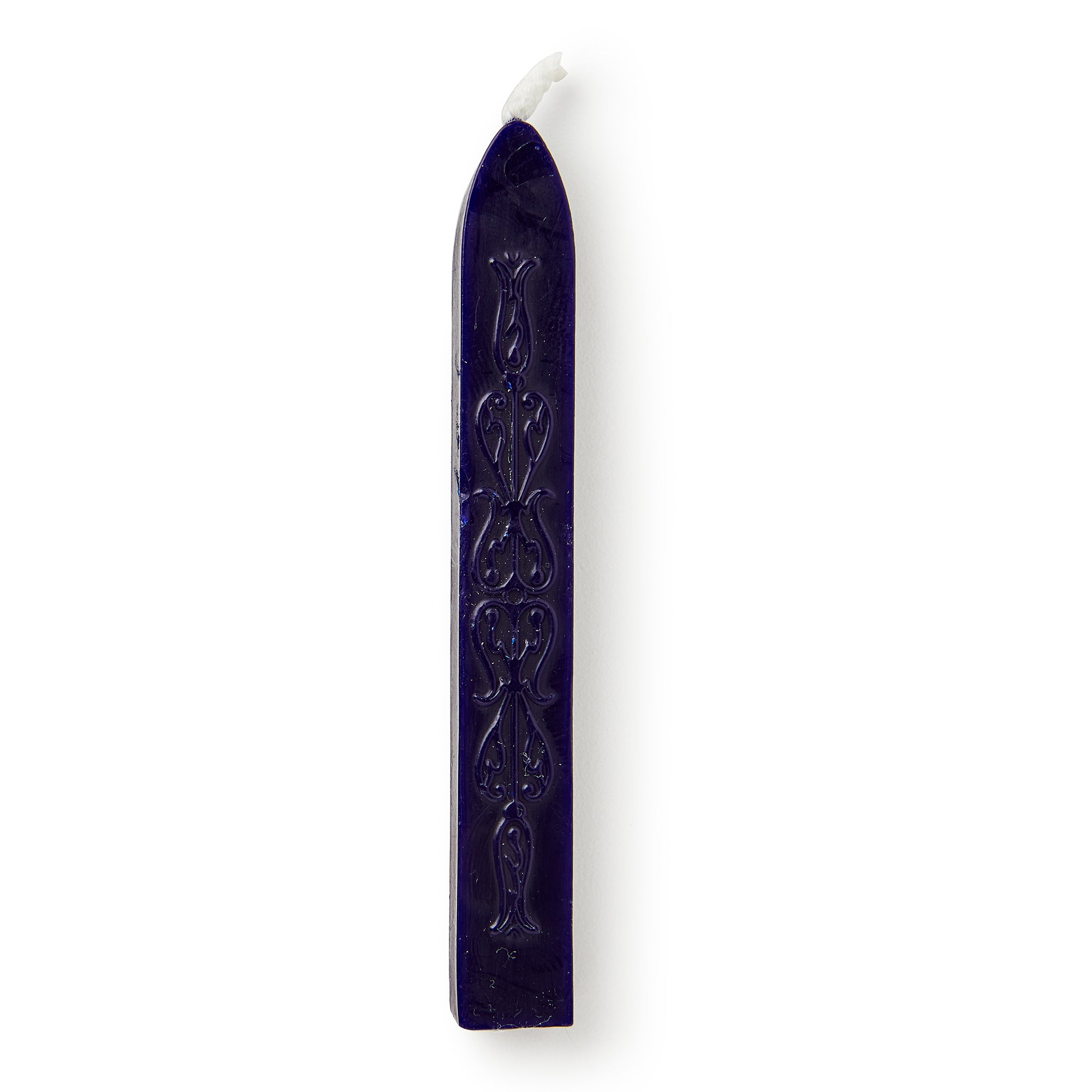 A single dark purple Sealing Wax Stick with a wick and ornate embossed design lies on a white background—ideal for creating elegant wax seals.
