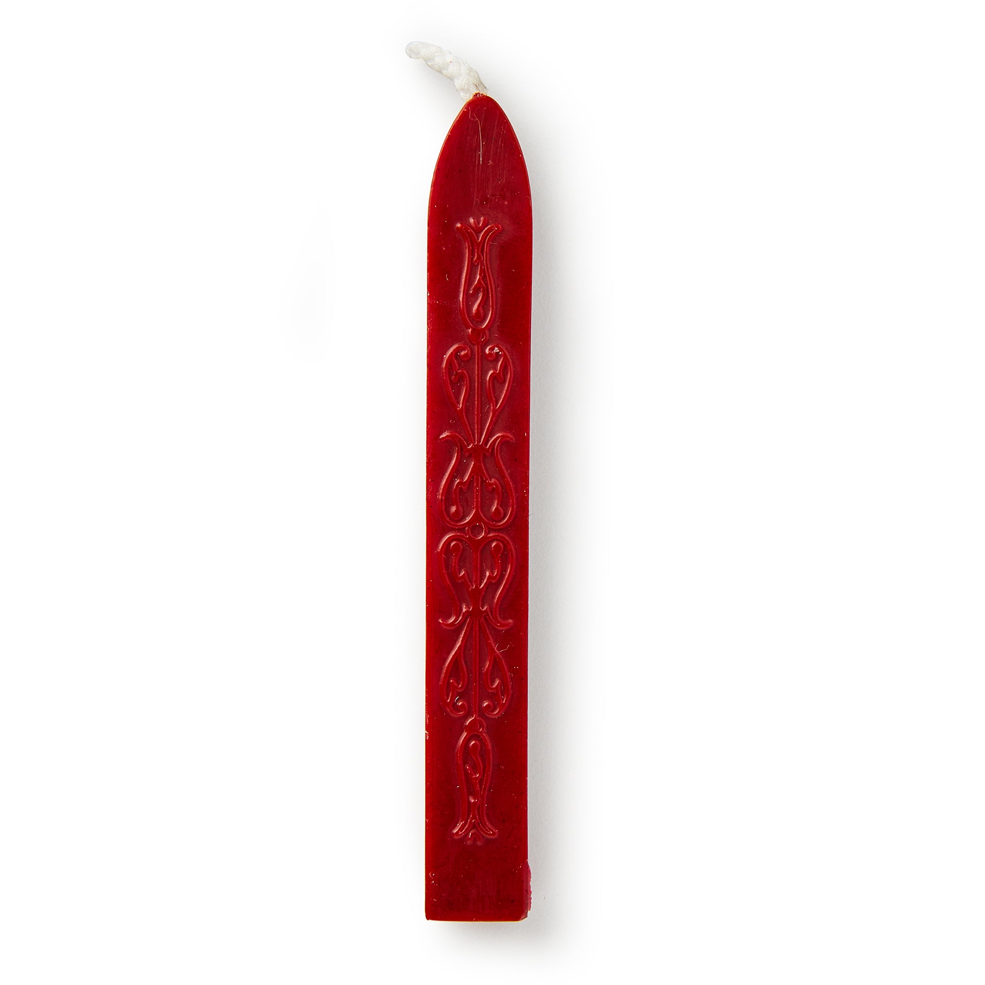 A single red Sealing Wax Stick with a white wick and ornate embossed designs, displayed on a white background—perfect for creating elegant, custom wax seals.