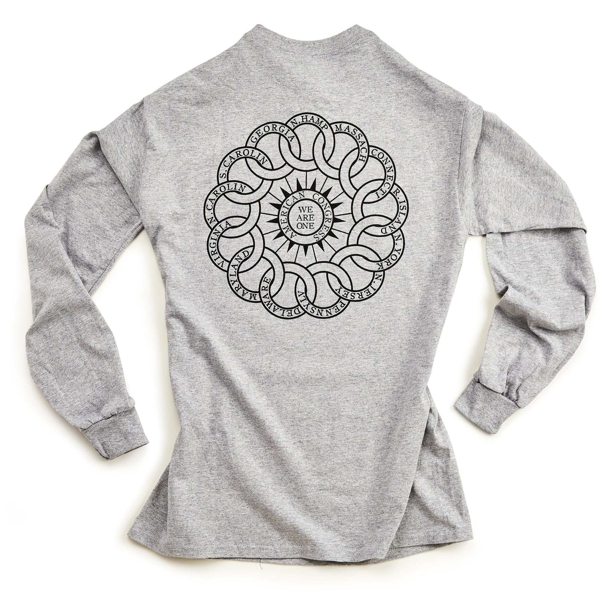 The Chain of States Long Sleeve T-Shirt in heather gray features a circular interwoven black line design and "WE ARE ONE" at the center on the back, inspired by themes from the Museum of the American Revolution—ideal for history enthusiasts.