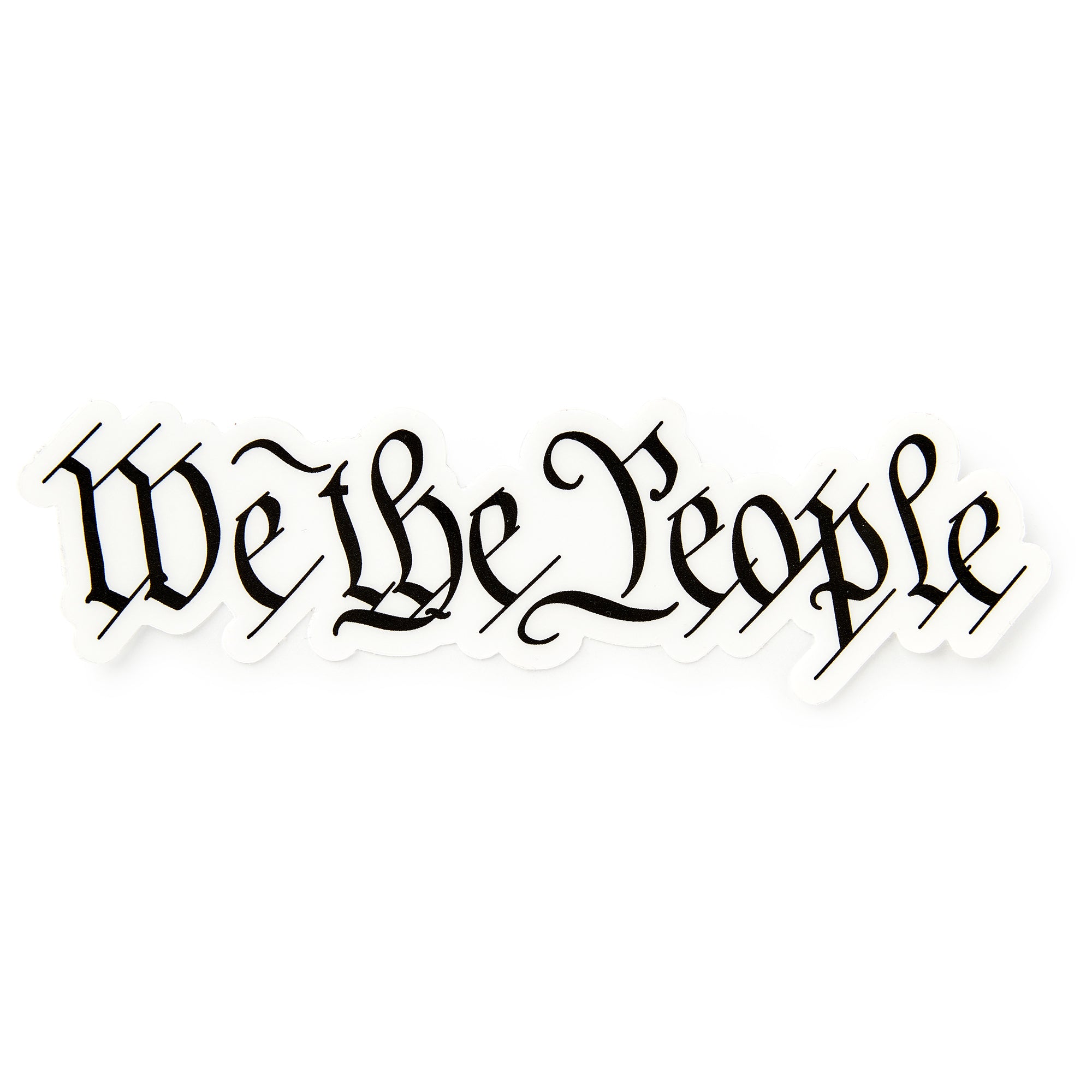 The image features the "We the People Sticker, Black," with elegant calligraphy reminiscent of the U.S. Constitution—a patriotic accent perfect for celebrating American history.
