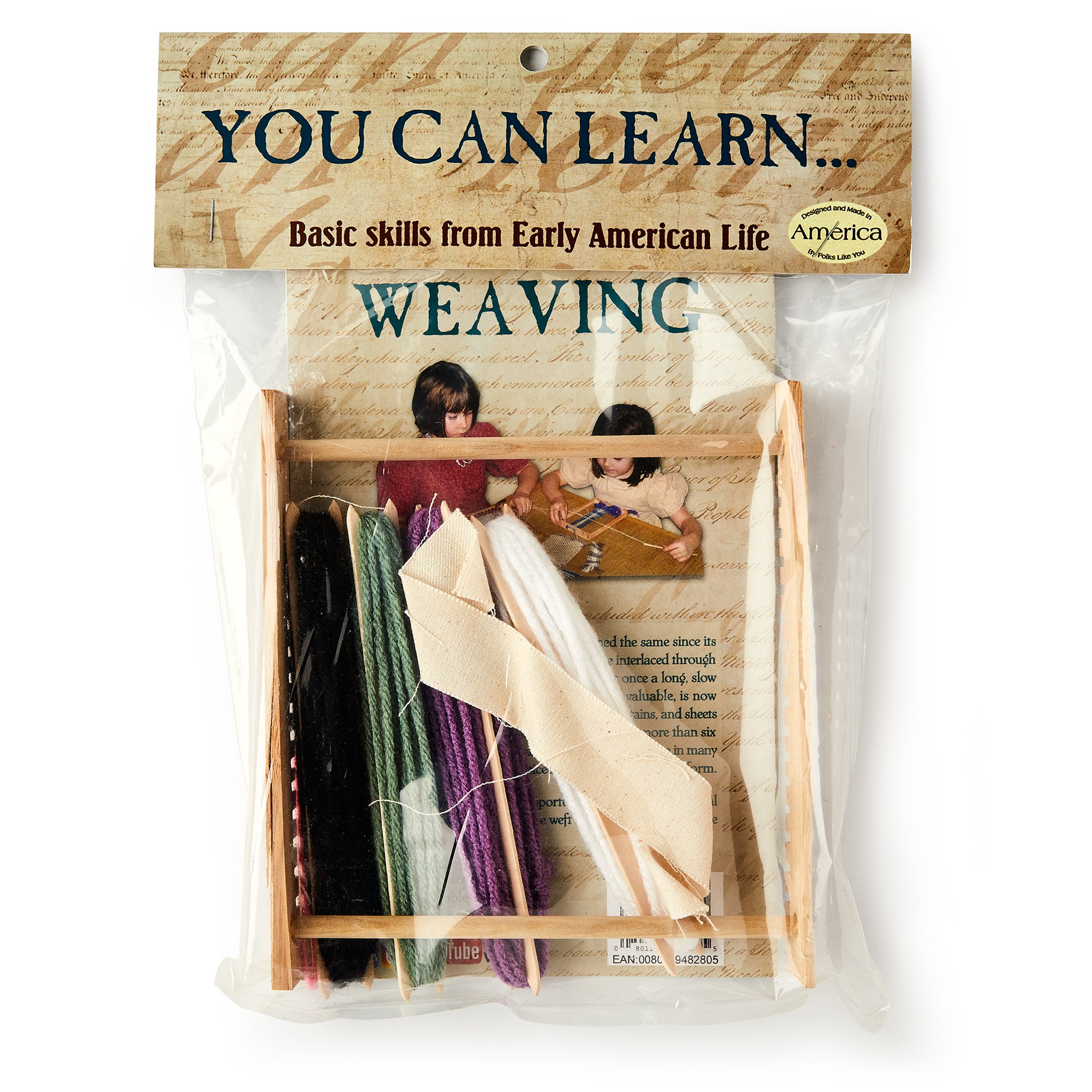 A Weaving Kit labeled "You Can Learn... Basic skills from Early American Life" includes yarn, a wooden frame, and instructions visible through clear plastic. The label shows two children honoring textile tradition.