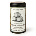 Whiskey Rebellion Tea comes in a 1.6 oz (45g) cylindrical tin with 20 bourbon-scented smoky tea bags and an illustration of stacked barrels.