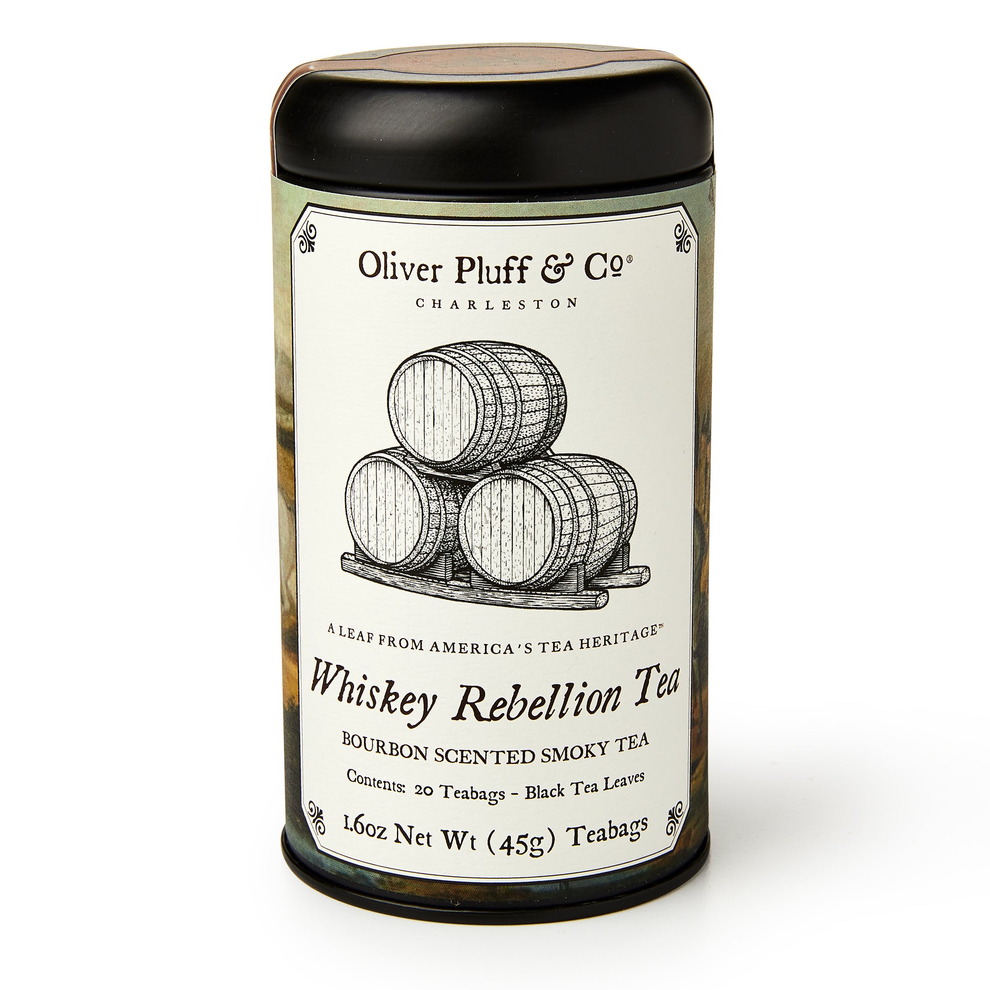 Whiskey Rebellion Tea comes in a 1.6 oz (45g) cylindrical tin with 20 bourbon-scented smoky tea bags and an illustration of stacked barrels.