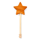 The Wooden Toy Star Wand features a carved star at the top, crafted from light and dark wood. Ideal for imaginative play, it's shown against a white background.