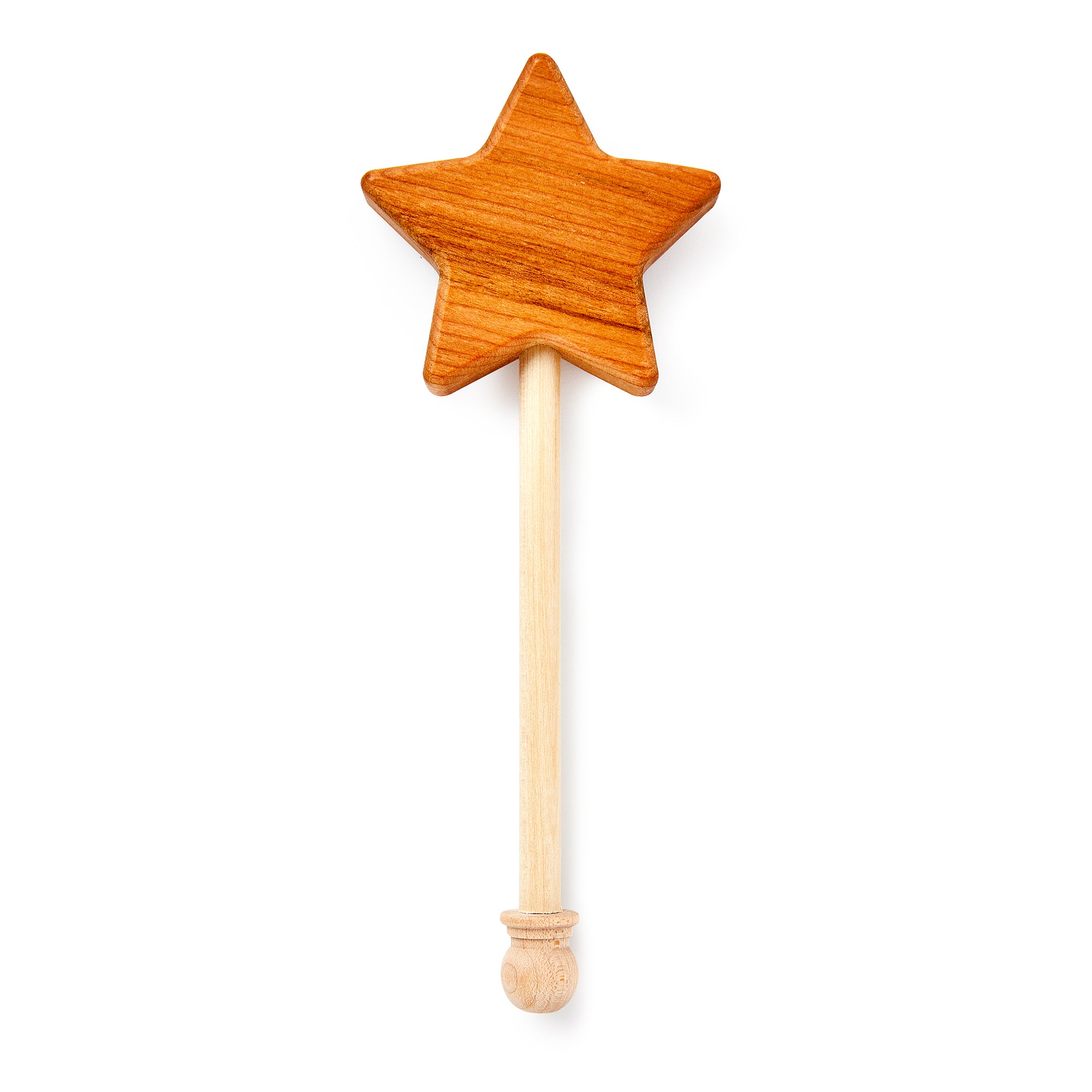 The Wooden Toy Star Wand features a carved star at the top, crafted from light and dark wood. Ideal for imaginative play, it's shown against a white background.
