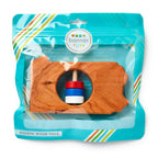 The Pennsylvania State Wooden Rattle is shaped like Pennsylvania, features a spinning red, white, and blue cylinder in the center, and comes in a teal Bannor Toys bag.