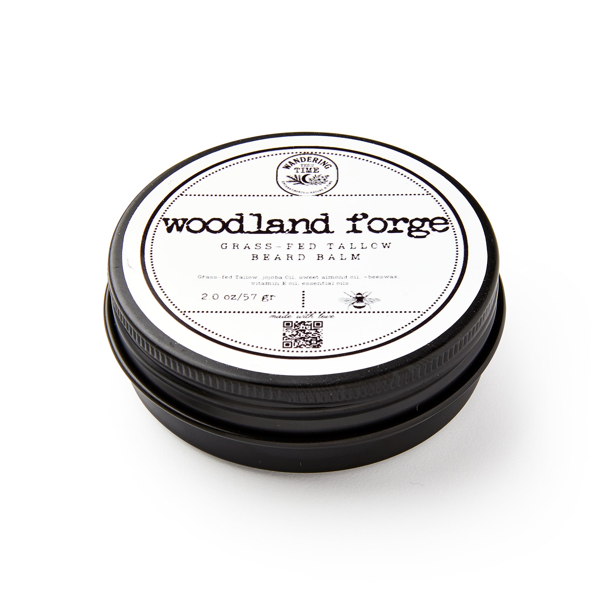 Woodland Forge beard balm container on a white background