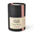 A black cylindrical tin labeled “Young Hyson Loose Leaf Tea,” 3.5 oz, with a botanical design and red and white striped ribbon—perfect for enjoying this premium green tea once prized in colonial American tea culture.