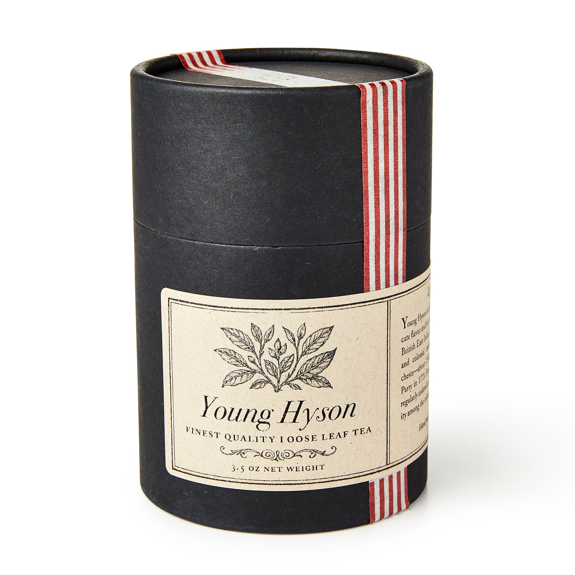 A black cylindrical tin labeled “Young Hyson Loose Leaf Tea,” 3.5 oz, with a botanical design and red and white striped ribbon—perfect for enjoying this premium green tea once prized in colonial American tea culture.