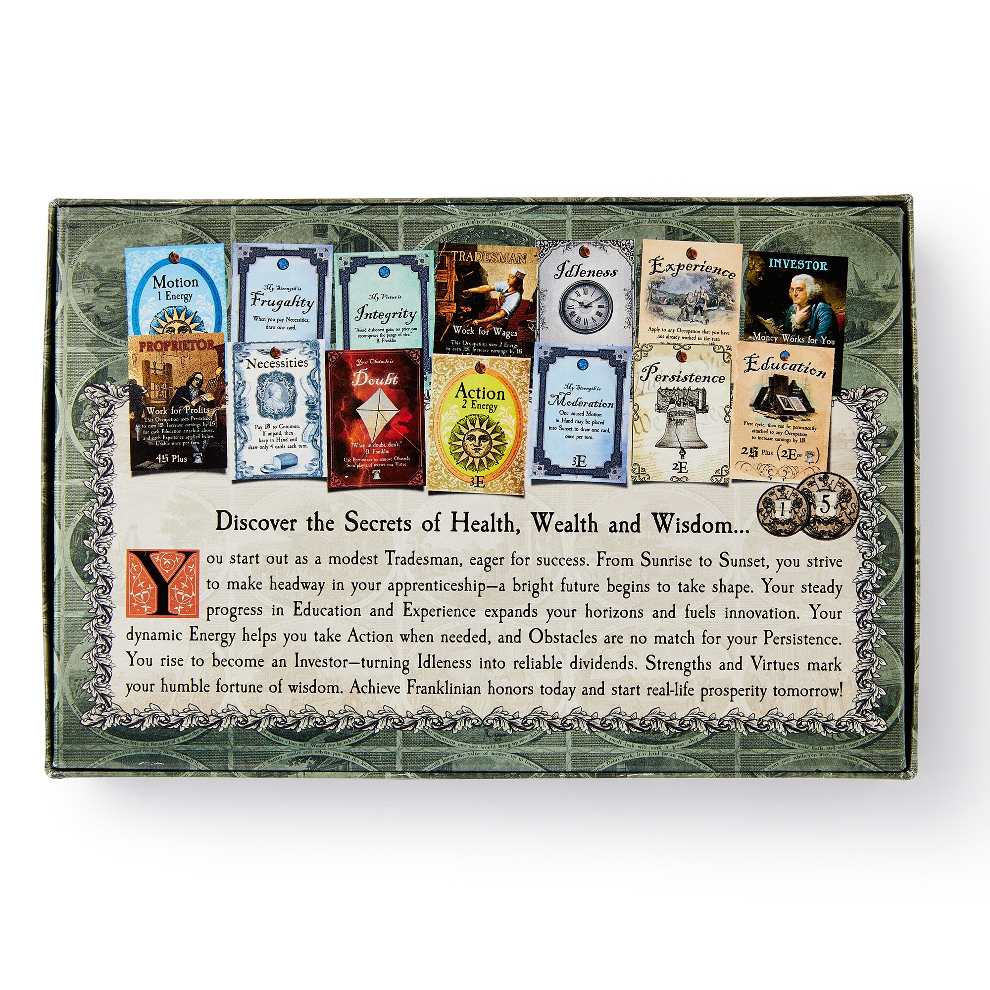 Franklin's Fortune Deck Building Game is a strategic card game featuring illustrated cards like Motion, Frugality, and Sincerity, each guiding players toward health, wealth, and wisdom as they build their decks.