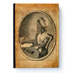 An old, sepia-toned illustration of an African American woman in 18th-century dress sits at a desk with quill and papers, framed in an oval—an homage featured on the Phillis Wheatley Large Journal celebrating her literary legacy.