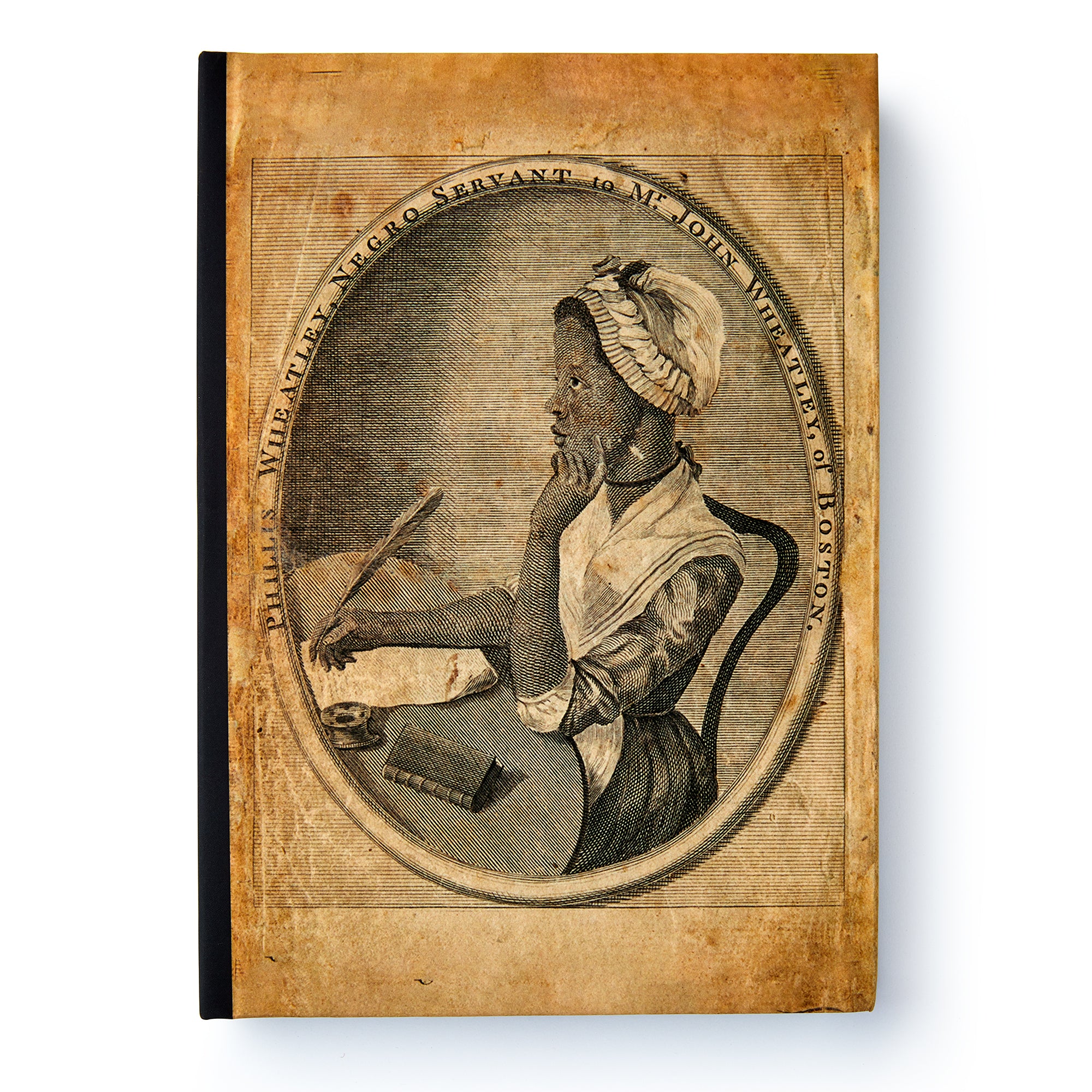 An old, sepia-toned illustration of an African American woman in 18th-century dress sits at a desk with quill and papers, framed in an oval—an homage featured on the Phillis Wheatley Large Journal celebrating her literary legacy.