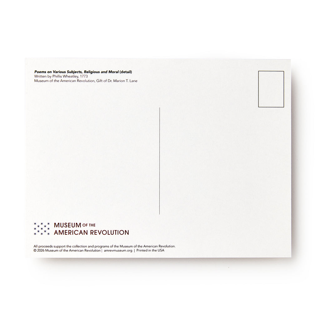 The Phillis Wheatley Postcard from the Museum of the American Revolution features a blank back with a stamp box, dividing line, and printed credit to poet Phillis Wheatley and donor Dr. Marion T. Lane.
