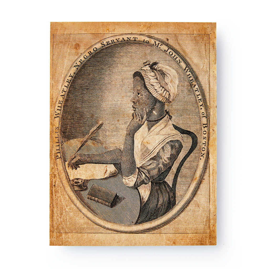 Phillis Wheatley Postcard: Features an engraved portrait of the famed 18th-century African American poet seated at a desk, writing with a quill beside papers and a book, all within an oval frame with text.