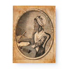 Phillis Wheatley Postcard: Features an engraved portrait of the famed 18th-century African American poet seated at a desk, writing with a quill beside papers and a book, all within an oval frame with text.