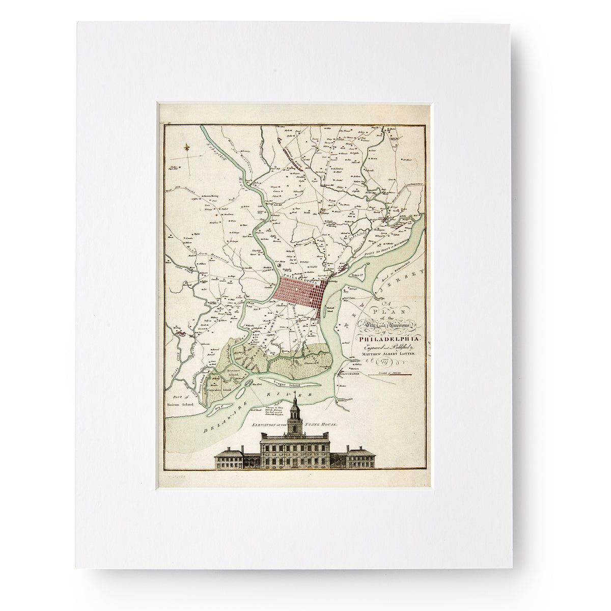 Plan of the City and Environs of Philadelphia Matted Print, 8 x 10, featuring a Revolutionary era map of the city and its surrounding areas with an architectural illustration of the State House at the bottom.