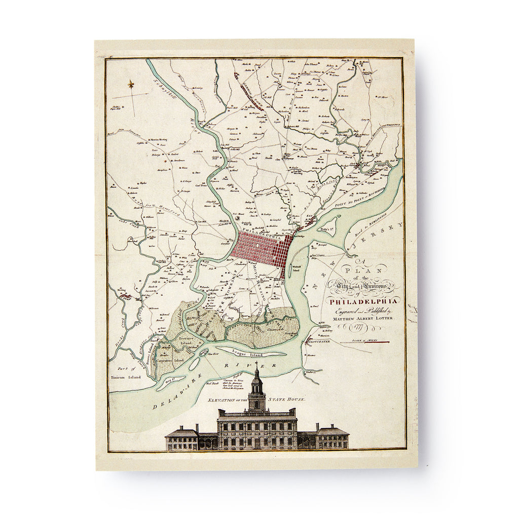 Plan of the City and Environs of Philadelphia Postcard featuring a vintage 1777 historic map of the city and its surroundings, including a title block, scale, and an illustration of the State House at the bottom.