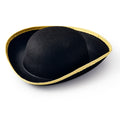 The Tricorn Hat is a black felt, three-cornered hat with an upturned brim and yellow trim, set against a white background—ideal for colonial-era or American Revolutionary costumes.