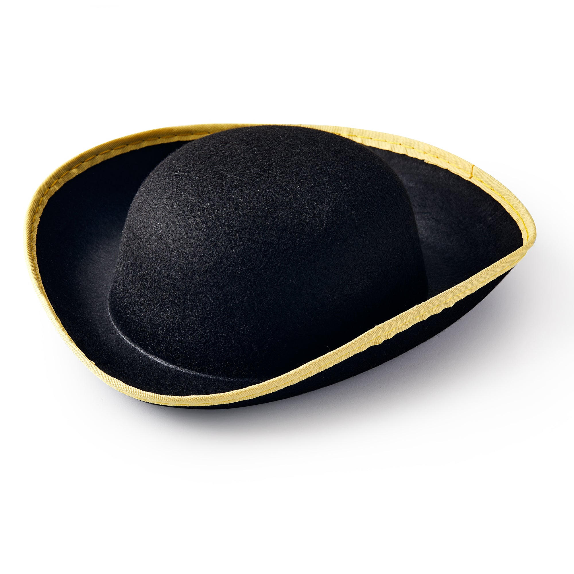The Tricorn Hat is a black felt, three-cornered hat with an upturned brim and yellow trim, set against a white background—ideal for colonial-era or American Revolutionary costumes.