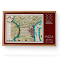 The Varlé Philadelphia Map Puzzle is a 300-piece set featuring a historic city map on the box, Museum of the American Revolution logo, and its 12x16 inch size—a perfect tribute to American independence.