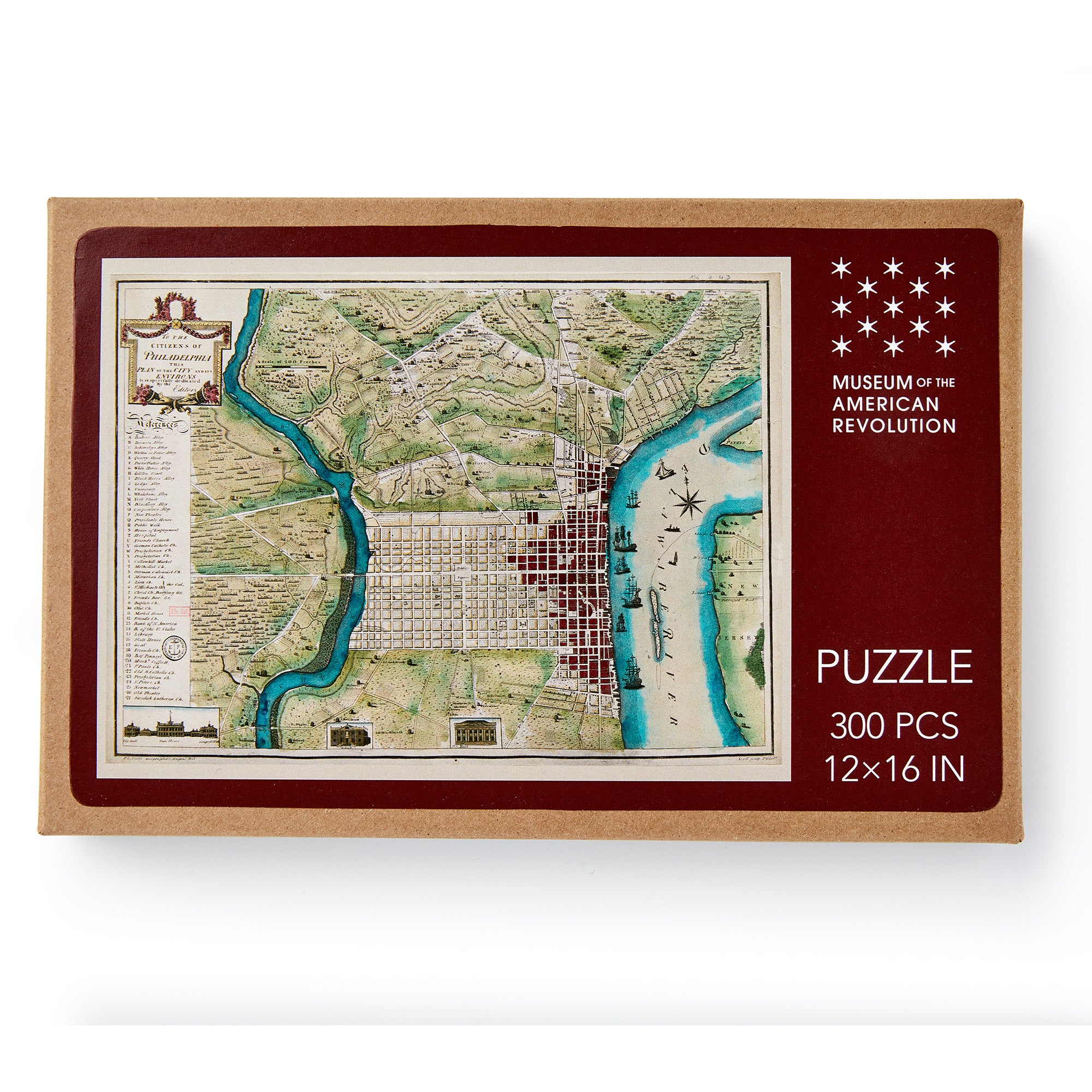 The Varlé Philadelphia Map Puzzle is a 300-piece set featuring a historic city map on the box, Museum of the American Revolution logo, and its 12x16 inch size—a perfect tribute to American independence.