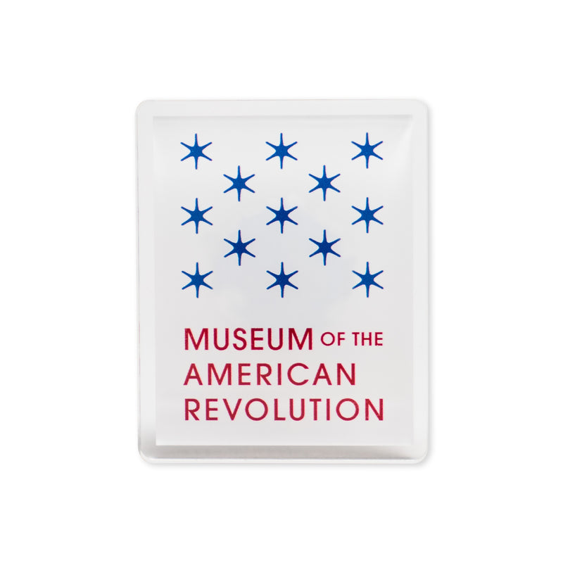 The Acrylic Museum Magnet is a rectangular acrylic collectible featuring thirteen blue stars above the words "MUSEUM OF THE AMERICAN REVOLUTION" in striking red and blue lettering—an ideal keepsake for history enthusiasts.