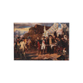 American Revolutionary War officers and soldiers gather near a striped tent with flags flying under a dramatic sky, depicting General Rochambeau at the historic surrender scene featured on the Yorktown Magnet.