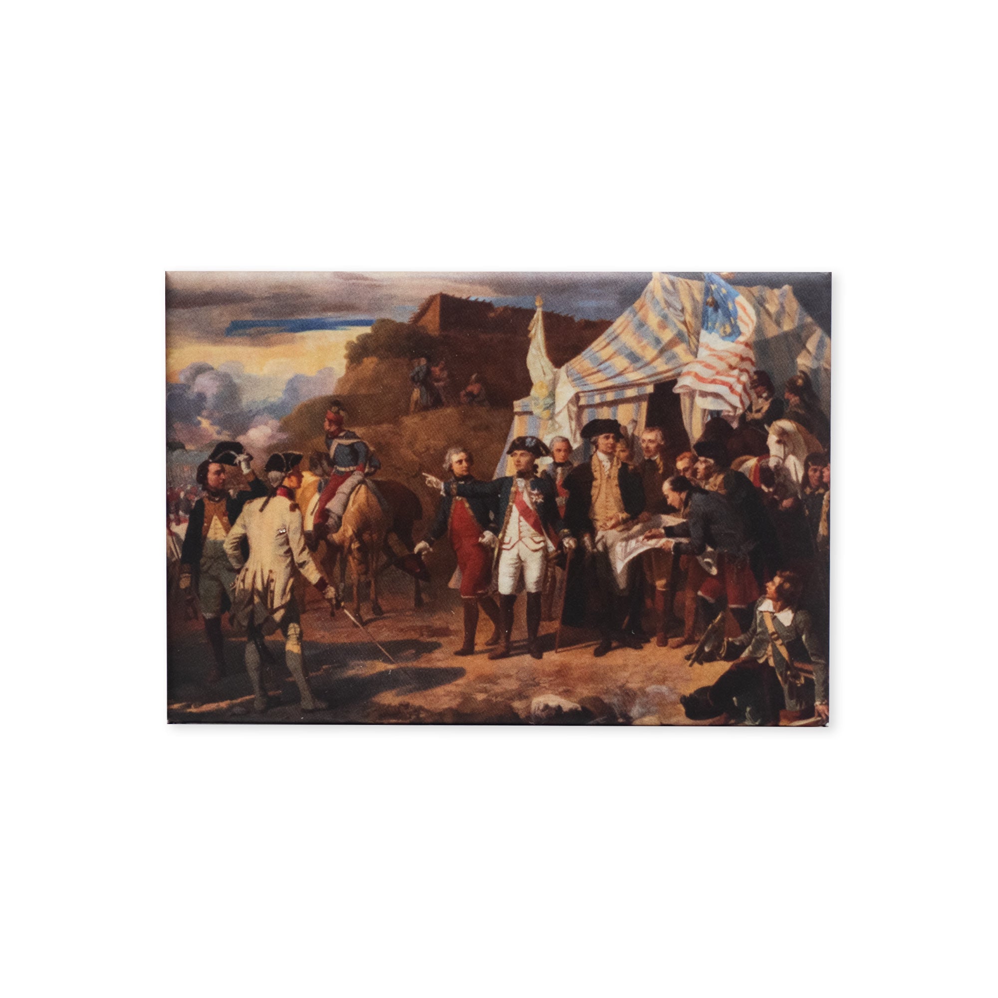 American Revolutionary War officers and soldiers gather near a striped tent with flags flying under a dramatic sky, depicting General Rochambeau at the historic surrender scene featured on the Yorktown Magnet.