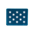 This rectangular blue iron-on patch features a border and thirteen white, six-pointed stars in rows. Its simple embroidered design resembles the historical George Washington Headquarters Flag Patch.
