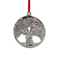 The Tree of Life Pewter Ornament is a round, handcrafted pewter piece featuring a detailed tree design and hangs from a red ribbon.